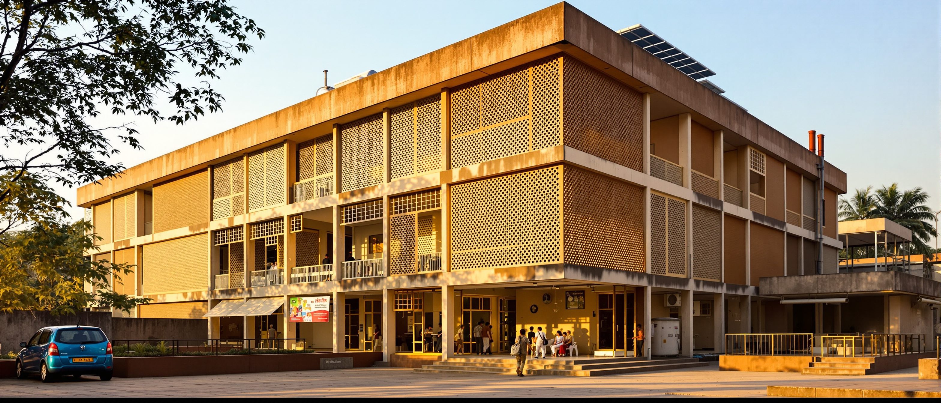A climate-responsive Indian institutional building with deep shaded verandahs, jaali screens, a rainwater-harvesting tank and a rooftop solar array — a GRIHA-style whole-habitat green design.