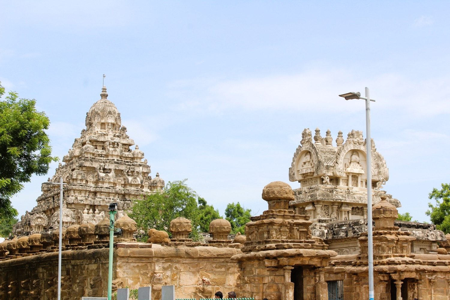 The Kailasanatha Temple at Kanchipuram — the prototype structural Pallava temple with its cell-lined prakara.