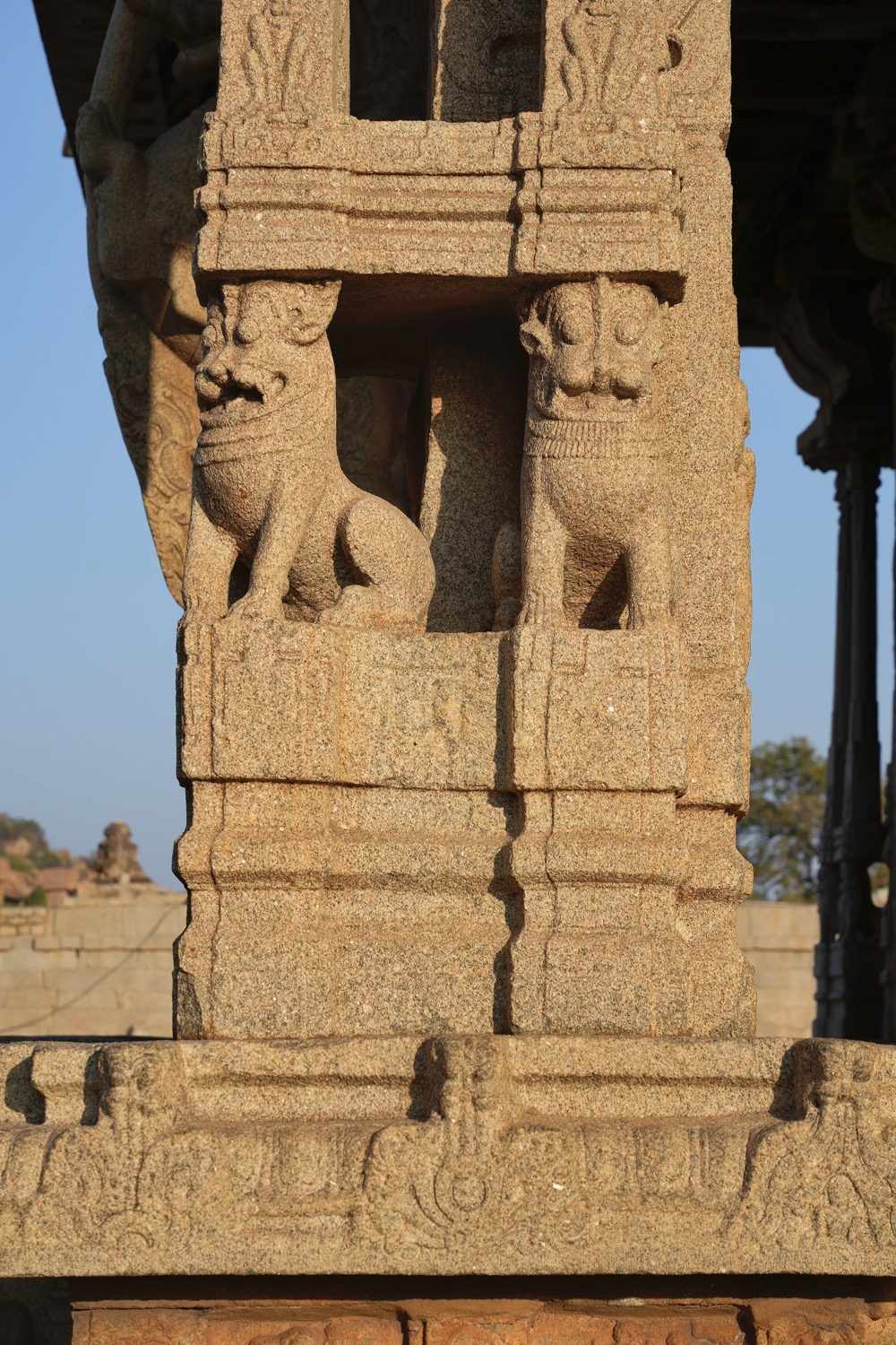The slender composite musical pillars of the Vitthala Temple's mandapa at Hampi.