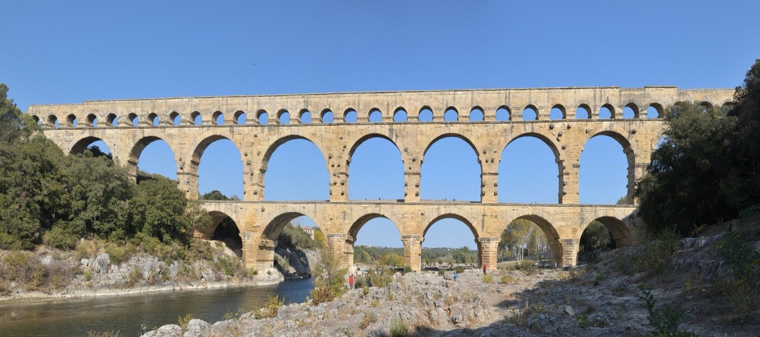 The Pont du Gard near Nîmes — a three-tier aqueduct bridge ~48.8 m high, built largely without mortar.