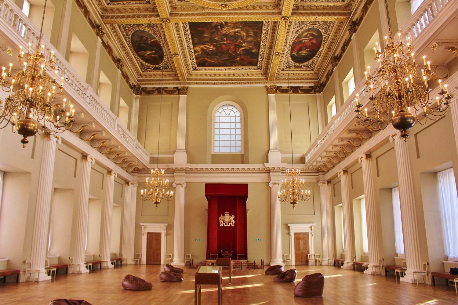 Inside the Banqueting House, Whitehall, by Inigo Jones — the double-cube hall (1619–22), its ceiling painted by Peter Paul Rubens.