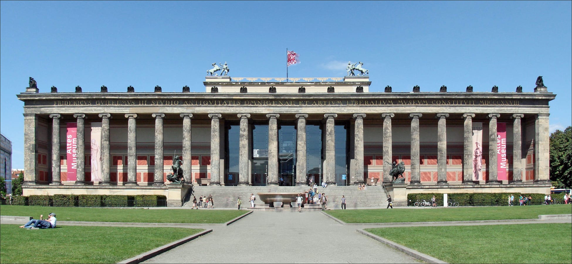 Schinkel's Altes Museum, Berlin (1823–30) — a long screen of eighteen Ionic columns fronting a domed rotunda; the museum reimagined as a secular temple.