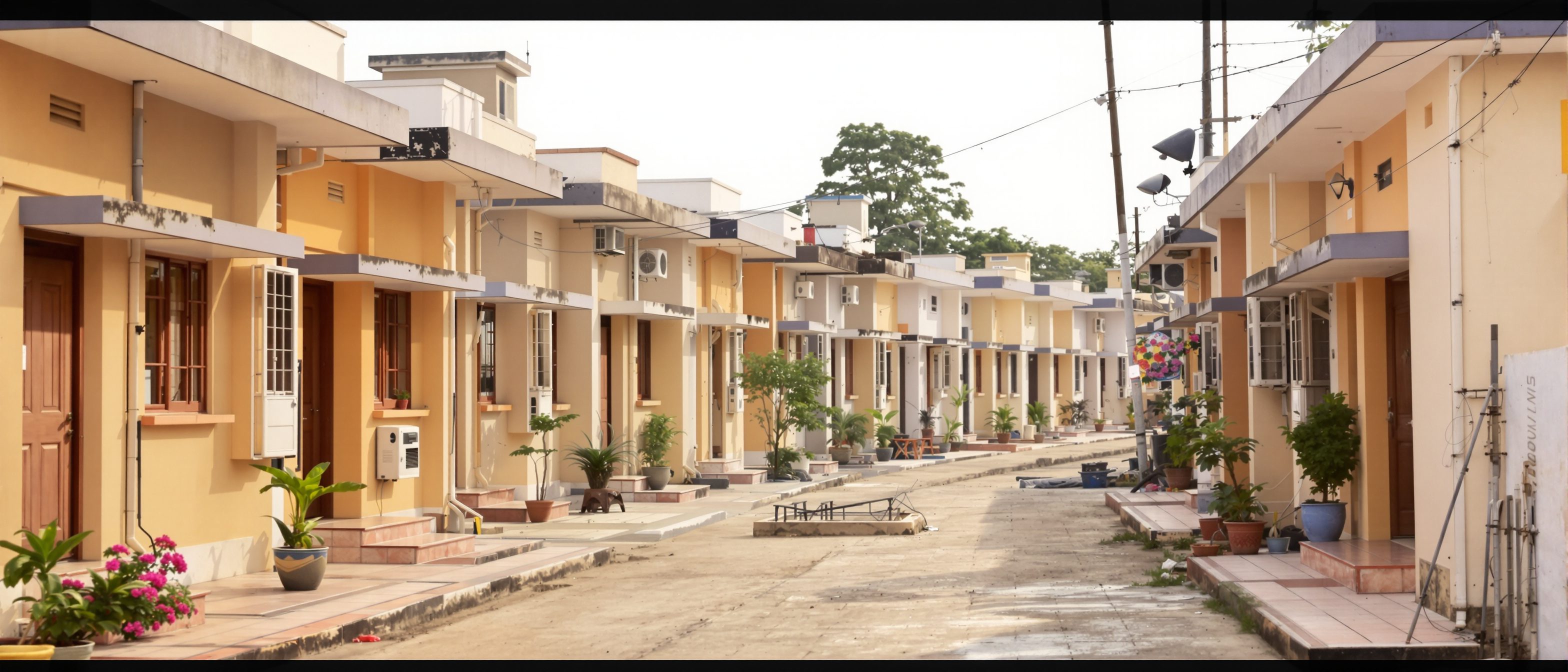 A neighbourhood of low-rise cluster housing in India — rows of modest two-storey terraced homes with flat roofs and small front thresholds arranged around a shared lane, the low-rise high-density model of housing for ordinary families.