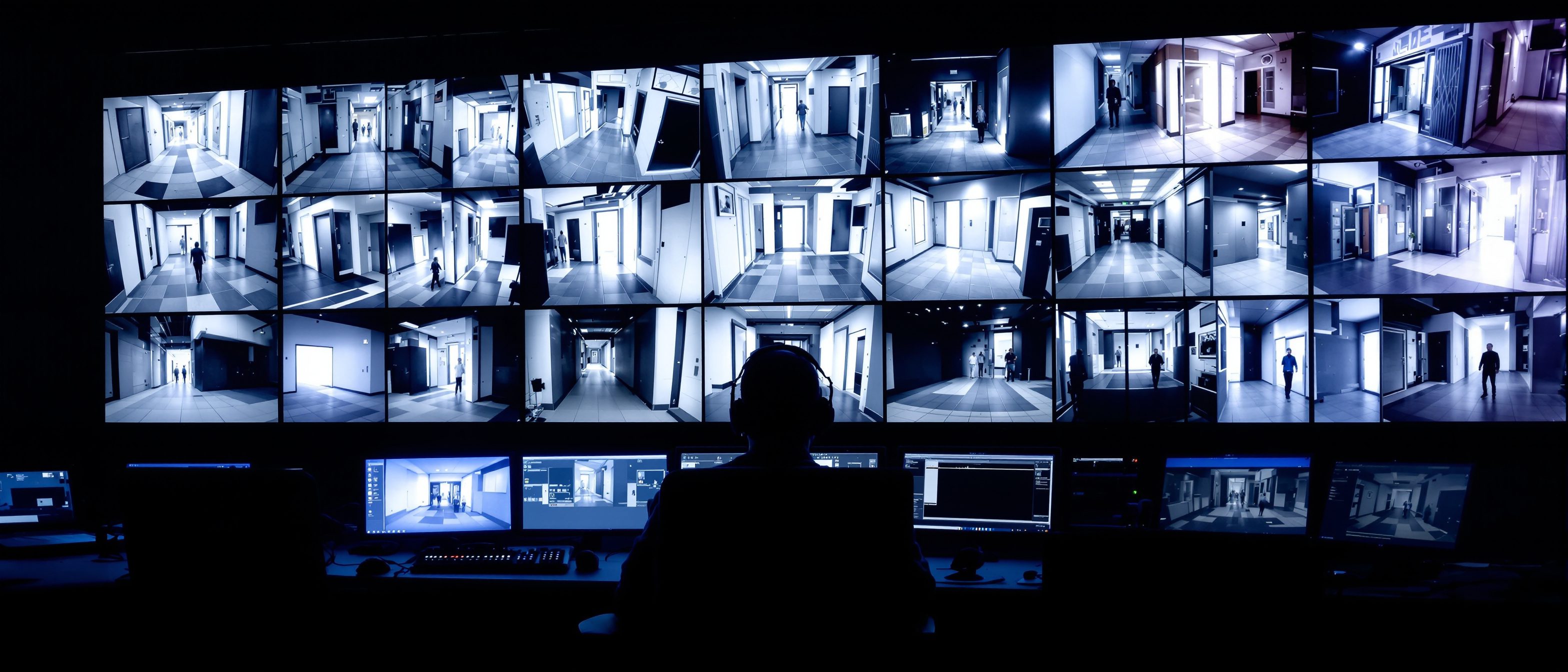 A modern building security control room with a wall of CCTV monitor screens showing camera feeds, and a card/biometric access-control reader beside a glass entrance, the electronic security systems of a building.