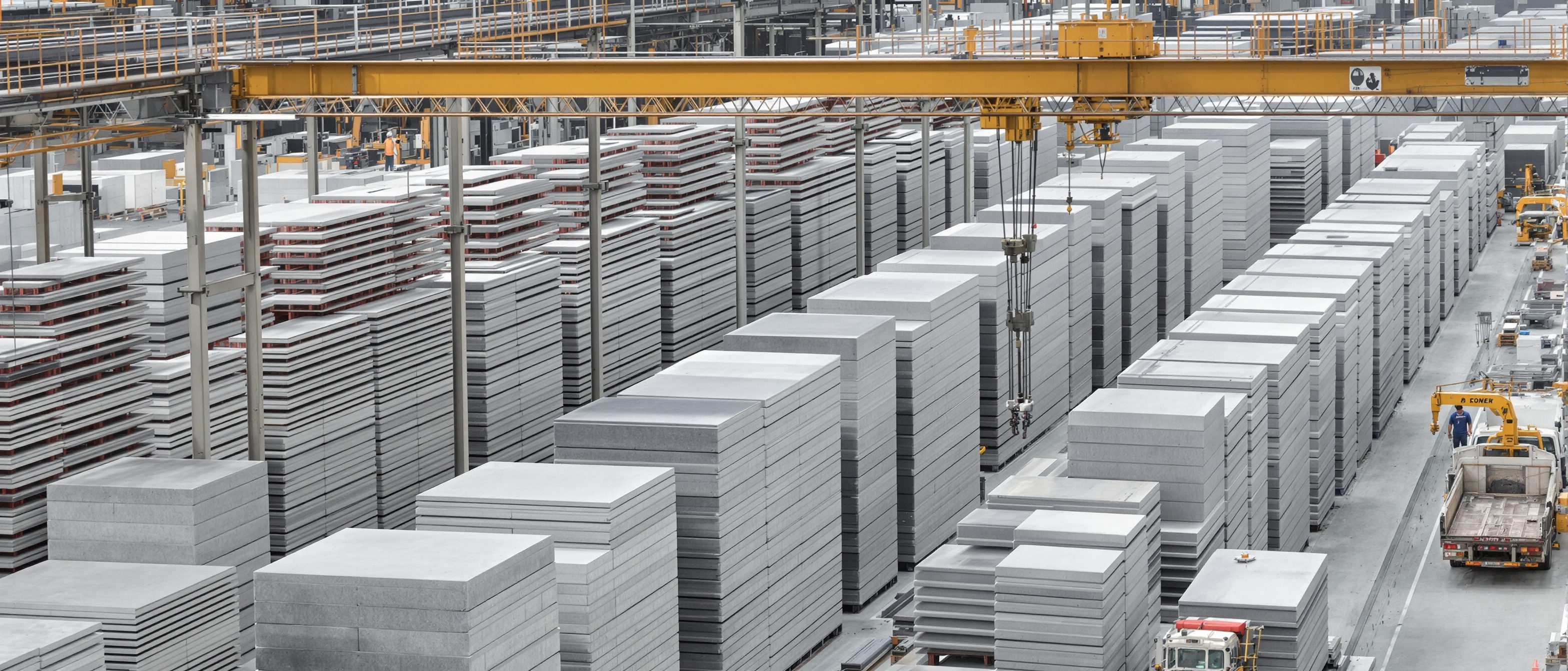 A precast-concrete factory yard with rows of finished wall panels and floor slabs stacked and ready, a gantry crane overhead and a truck being loaded for transport, the manufacture of building components, no readable text.