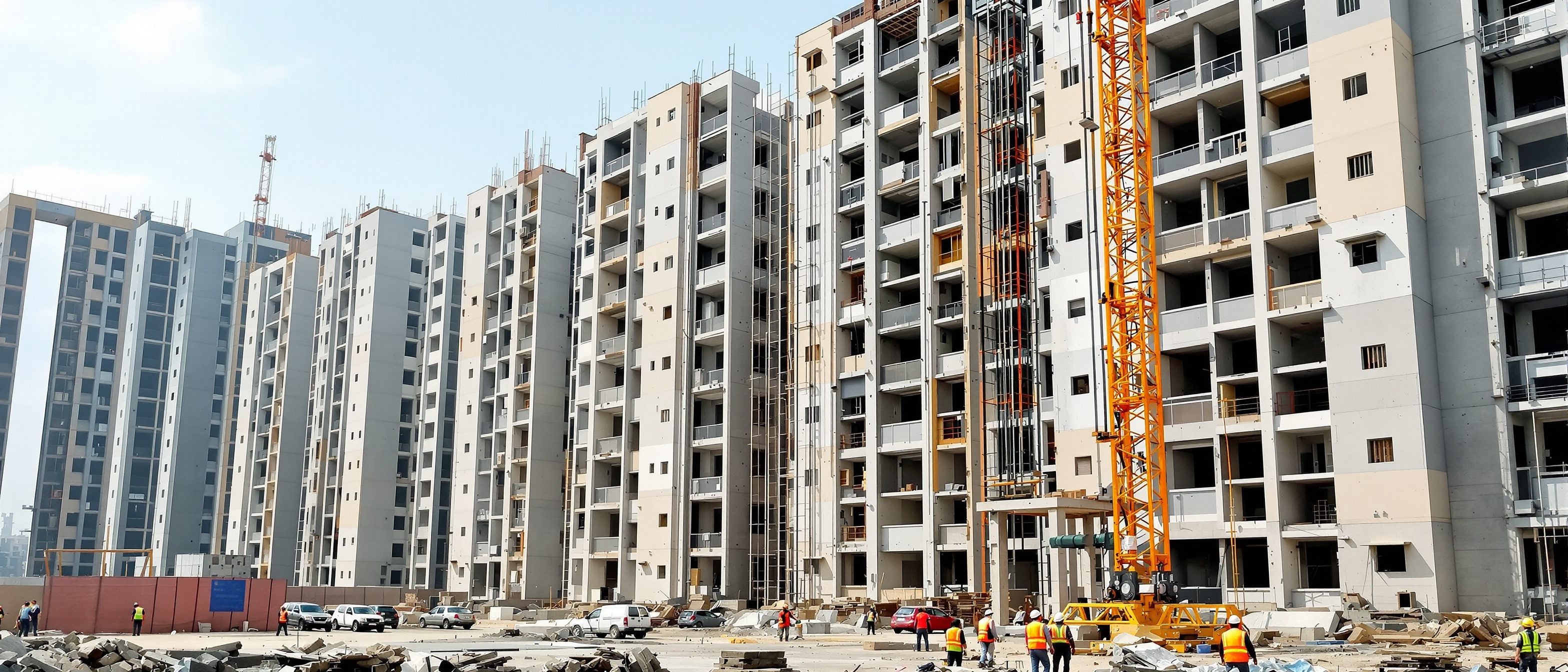 A large Indian mass-housing construction site where precast concrete wall and floor panels are being lifted by a tower crane into a row of apartment blocks, industrialised housing at scale, workers in safety gear, no readable text.