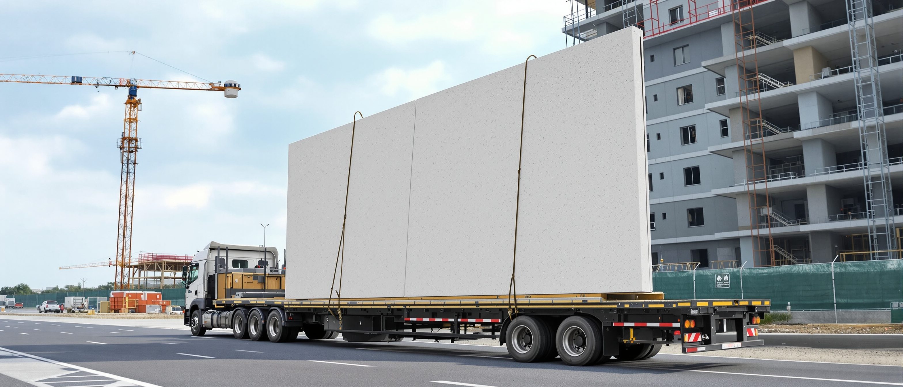A long flatbed truck carrying a large precast concrete wall panel on a road toward a construction site, with a tower crane visible at the destination, the transport leg of industrialised building, no readable text.