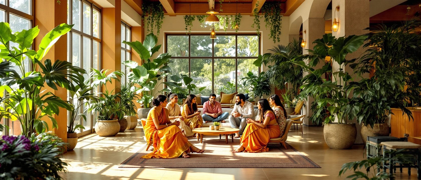 A bright interior full of daylight and plants with diverse people of Indian appearance using the space comfortably, warm and welcoming, an abstract of social and environmental value, no legible text