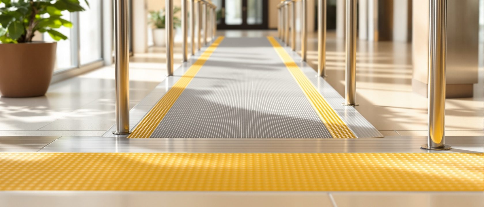 A bright accessible public interior with a gentle ramp, wide clear circulation, an illuminated exit route and plants, welcoming and safe, people of Indian appearance including a wheelchair user, no legible text