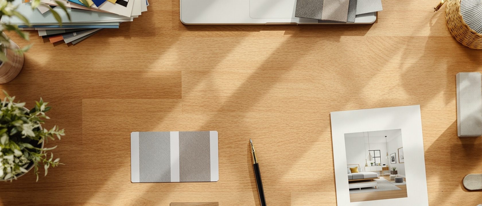 A designer's desk with a printed interior presentation board and material swatches laid out in warm daylight