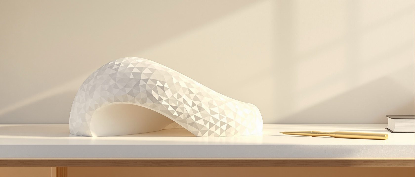 A faceted wireframe study model of a curved interior form on a desk, showing the polygon segments that approximate a curve