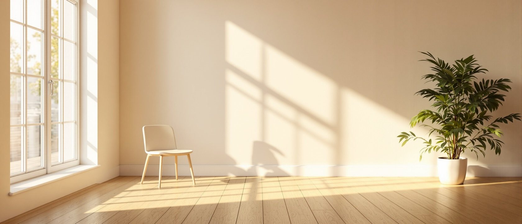 A sunlit interior with soft daylight raking across the floor from a large window, showing how bounced light and shadow model a room