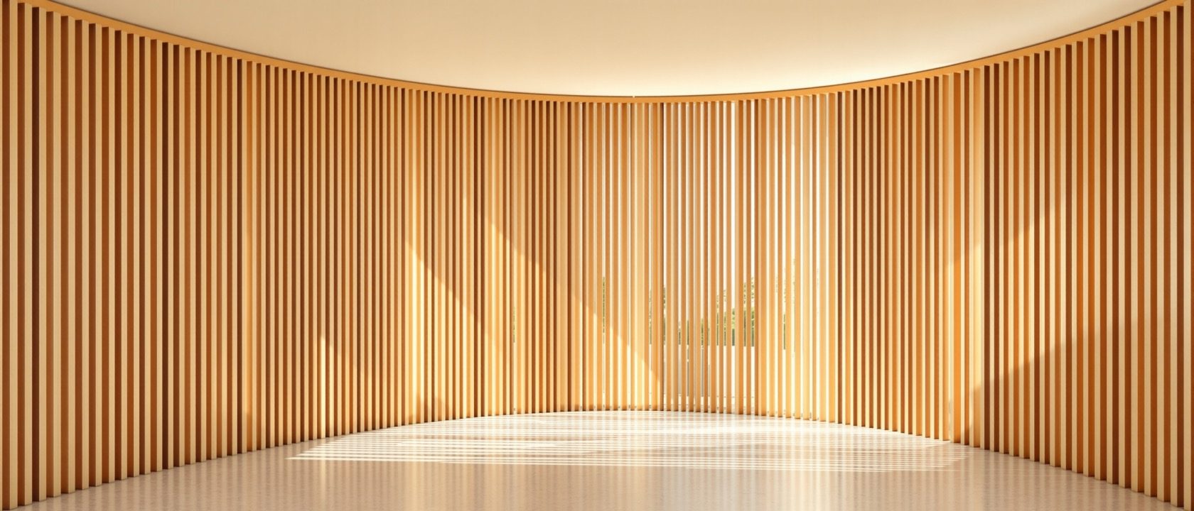 A physical study of a curved timber slat screen bending along a path, the kind of form a bend-along-path tool produces