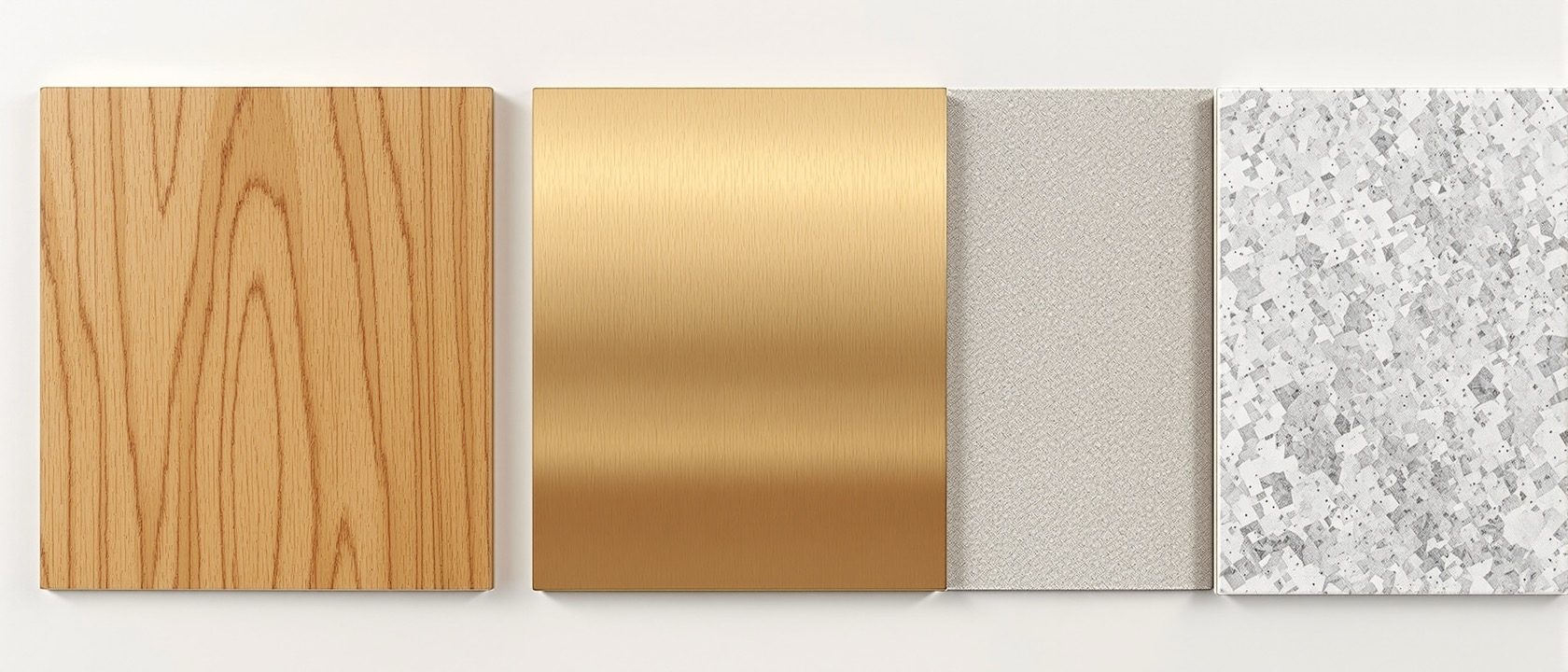 A close-up flat-lay of real interior material samples — stone, timber, brushed metal and fabric — showing their true colour and surface texture