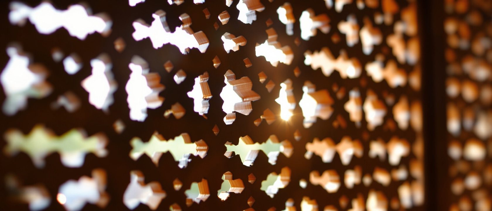 A macro shot of a real carved wooden jaali screen backlit by a window, its pierced lattice pattern crisp against the bright light, warm teak tones