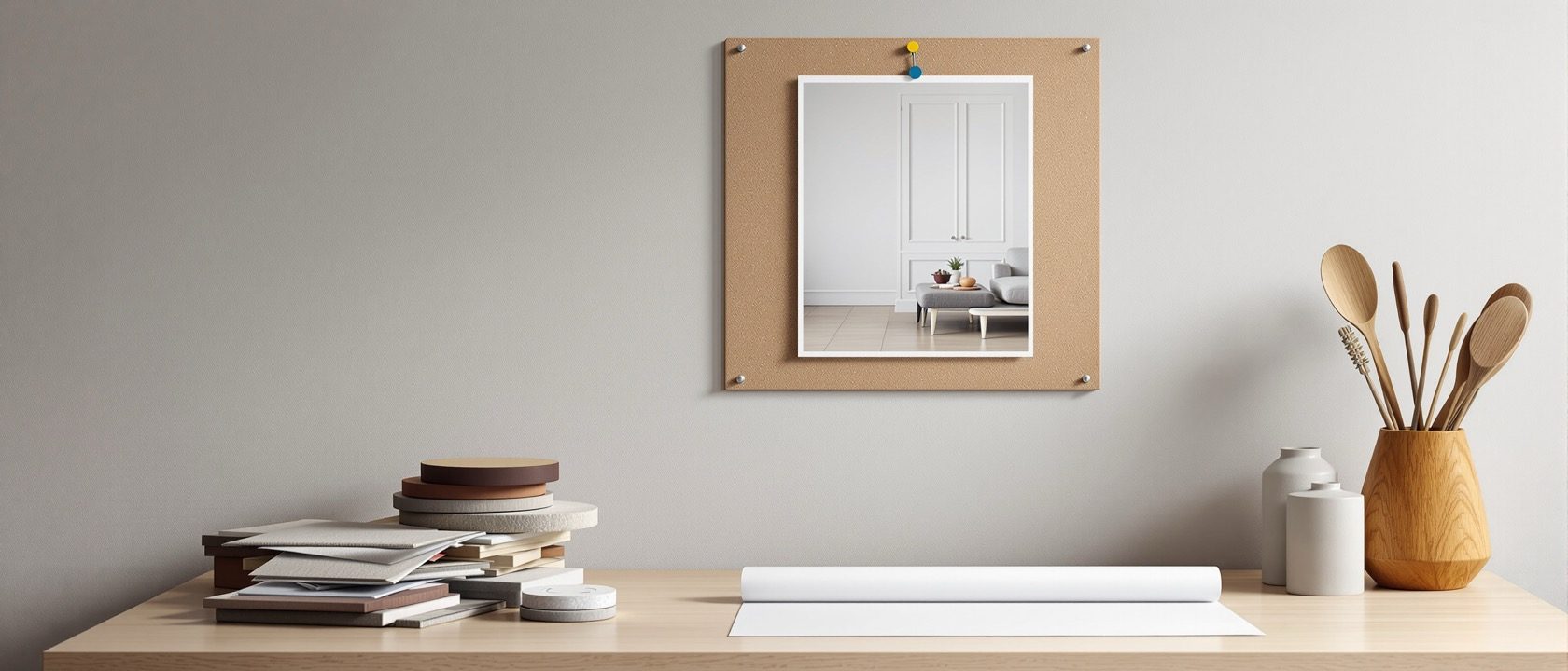 A finished, photorealistic interior scene printed and pinned to a studio wall beside fabric swatches and a small material board, warm daylight, no lettering