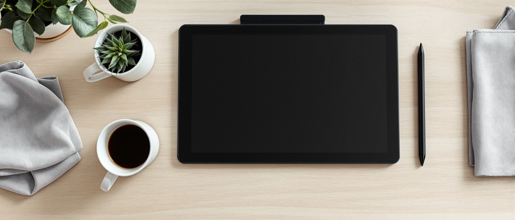 A tidy interior designer's desk from above — a laptop closed, a graphics tablet, a mug and a small potted plant on a pale oak surface in soft daylight, no screen visible