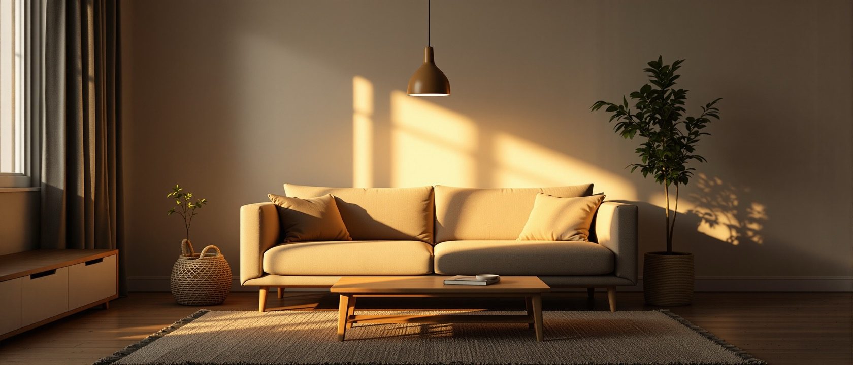 A warm evening interior — a living room where a single pendant lamp casts a soft pool of light over a sofa and low table, honest shadows, no text or screens