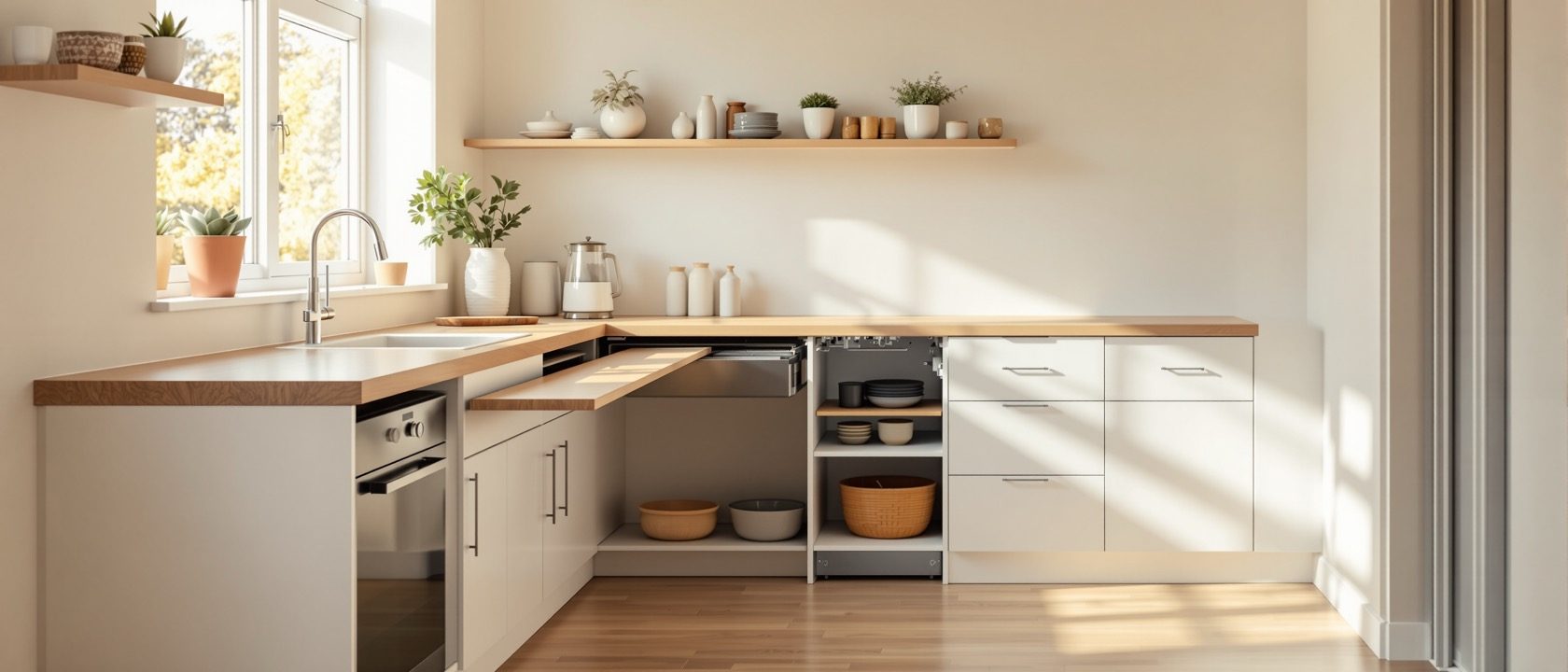 A bright accessible kitchen with a roll-under counter and sink, reachable storage and clear floor space, safe and dignified, warm daylight, no people, no legible text