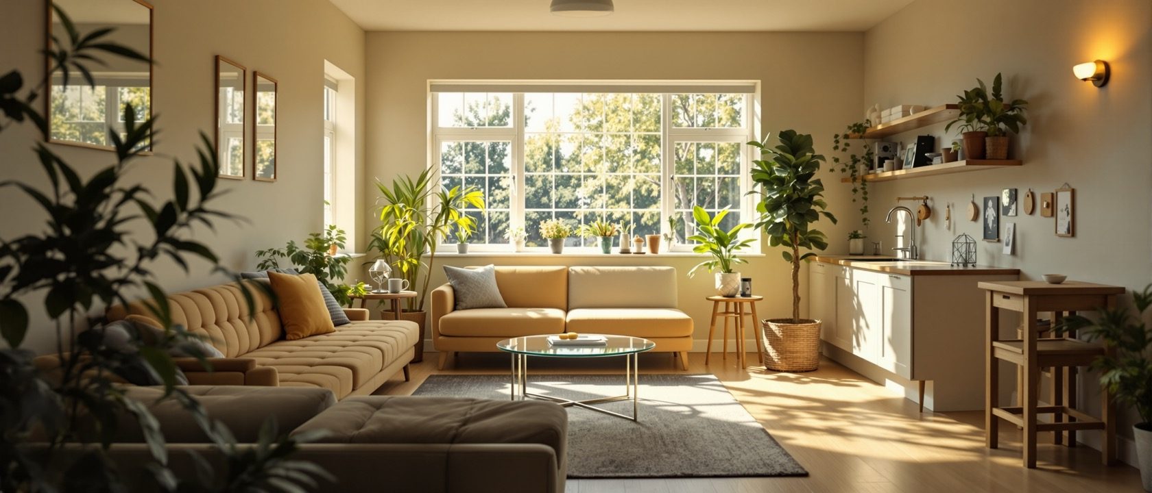 A bright, safe, well-lit accessible living space designed around a person, with clear space, good lighting and reachable, dignified fittings, no people, no legible text