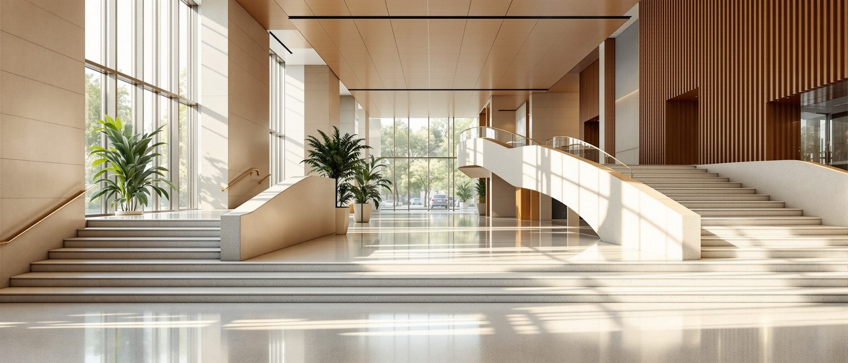 An elegant, welcoming public interior where a gentle ramp and steps flow together as one beautiful design used by everyone, invisible universal design, warm daylight, no people, no legible text