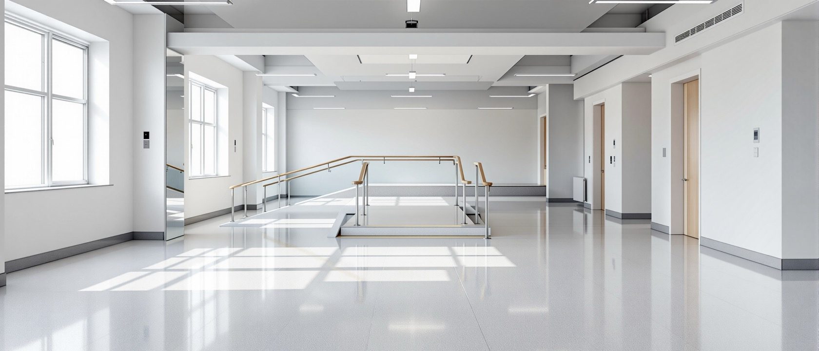 A bright interior with a wide, clear, step-free circulation route and a gentle ramp connecting rooms, generous turning space, warm daylight, no people, no legible text