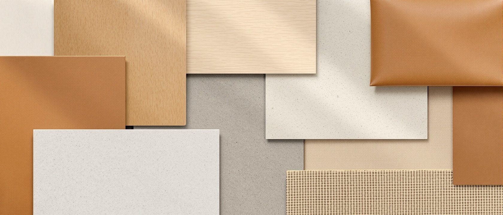 A designer's concept board and materials palette laid on a desk — a mood collage of textures and colours beside real finish swatches of timber, stone, fabric and metal, and a hand-drawn section sketch, warm daylight, no people, no legible text.