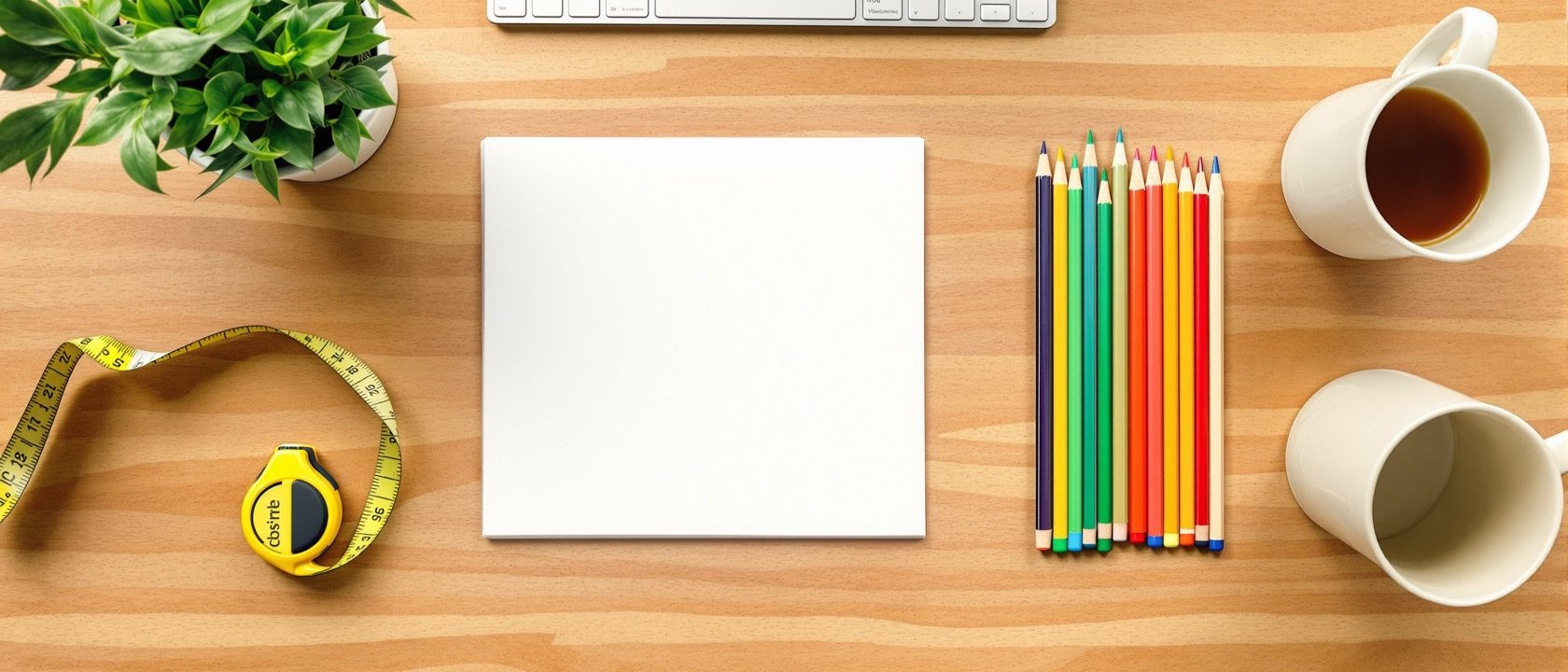 A designer's studio desk with a measuring tape, a notebook of handwritten questions, a rough hand-drawn floor plan of an apartment and a pencil, warm daylight, no people, no legible text.