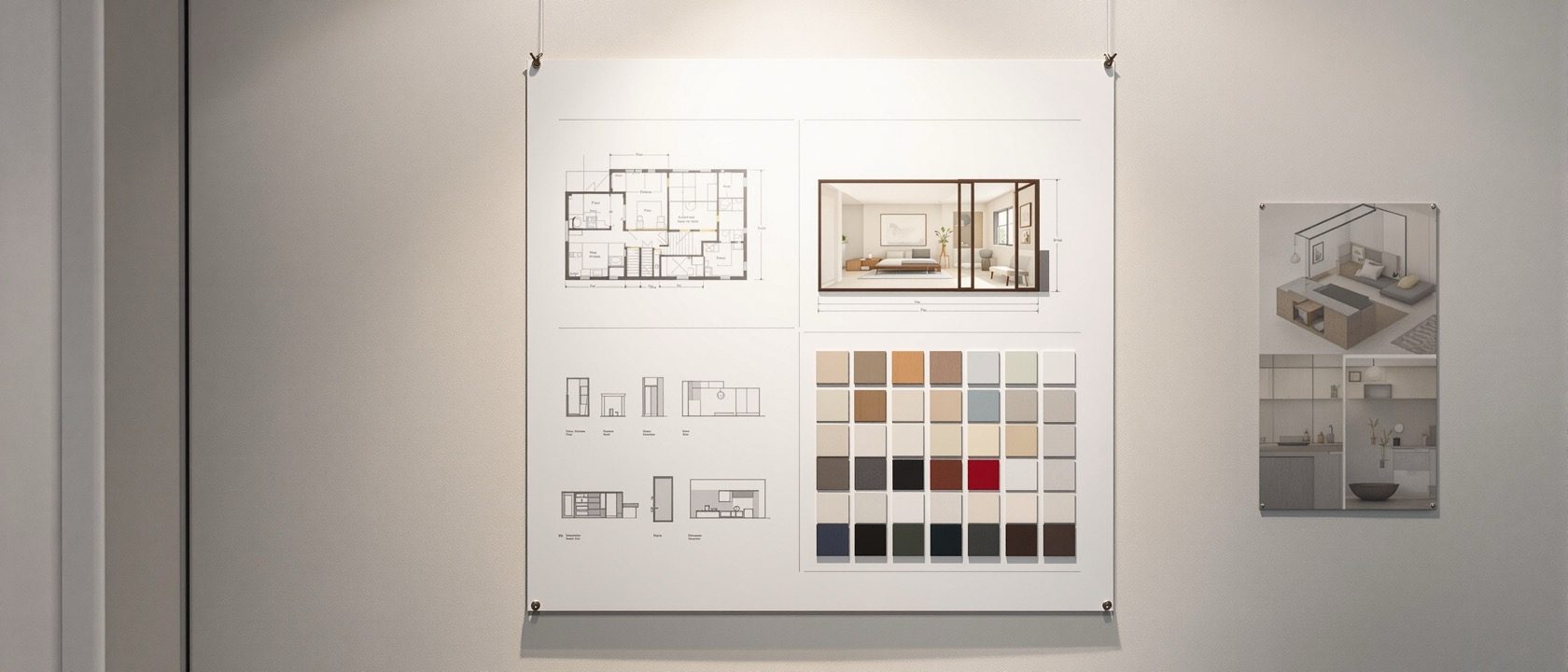 A finished interior design presentation board on a studio wall — a floor plan, a section, a 3D interior view and a materials palette composed on one sheet, warm gallery light, no people, no legible text.