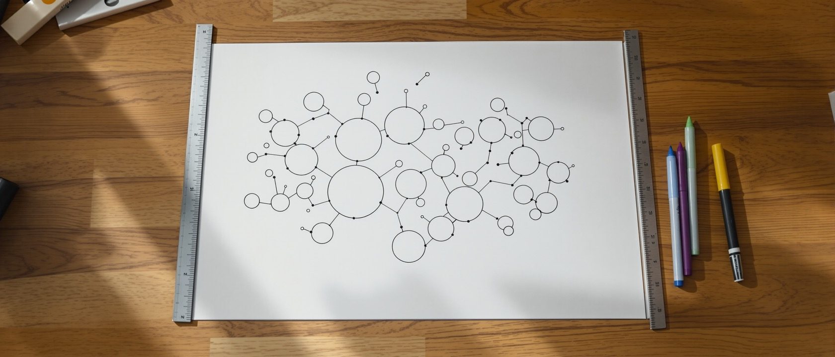 A hand-drawn bubble diagram and a rough zoned floor plan of an apartment on a desk, with coloured markers grouping public and private zones, a scale rule and tracing paper, warm daylight, no people, no legible text.