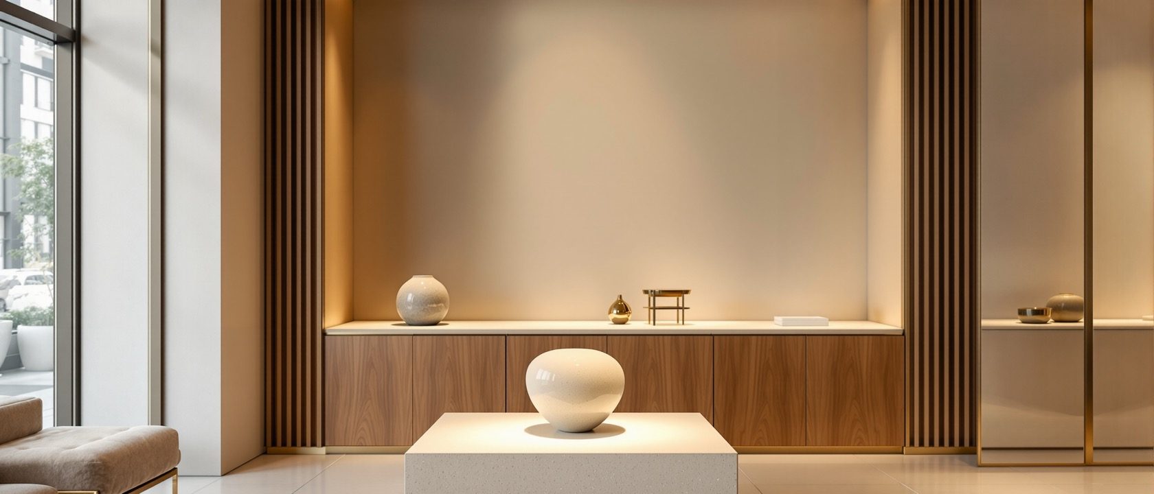 An elegant boutique interior with a single hero product isolated on a lit stone plinth, a bespoke brass-and-oak wall display bay behind holding a curated range, warm focused light, calm neutral backdrop, no text