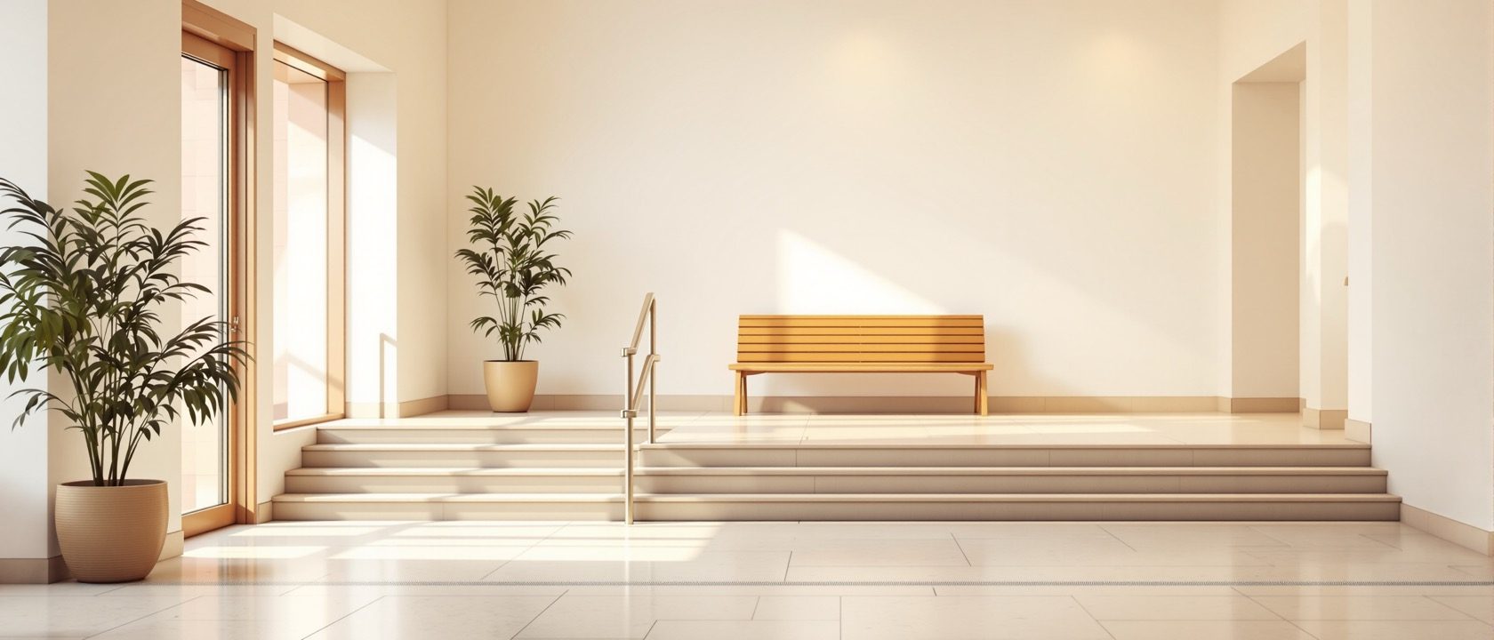 A calm modern public interior — a small clinic waiting area with a low reception counter, an accessible step-free entrance and a clear wide circulation route, soft daylight, warm neutral finishes, no signage text