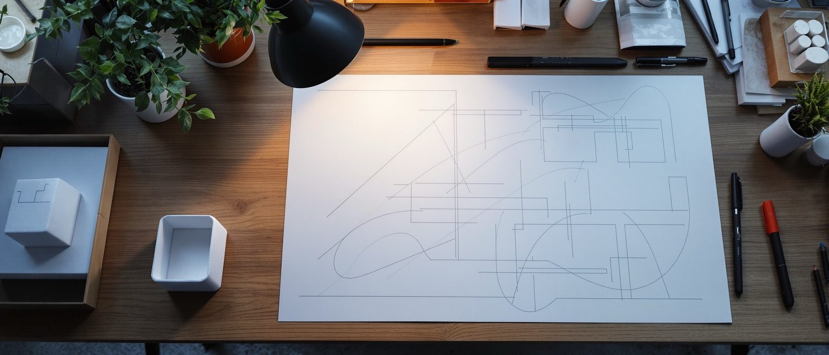 A design studio desk from above at dusk, layered trace-paper sketches and a small white foam study model of an interior beside markers and a scale rule, warm focused lamp light, a work-in-progress atmosphere, no legible text