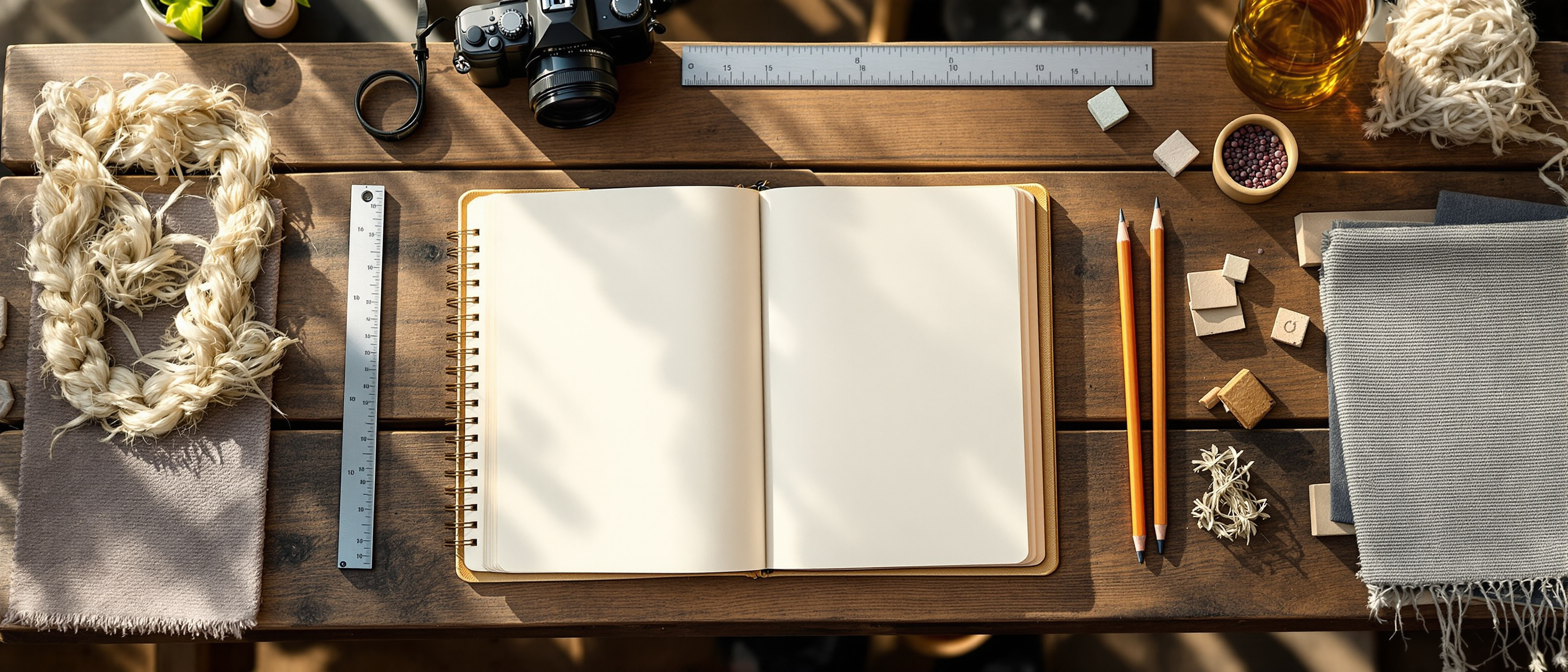 A field researcher's workbench with an open sketchbook of measured drawings, a camera, a scale rule and small material samples laid beside a woven craft object