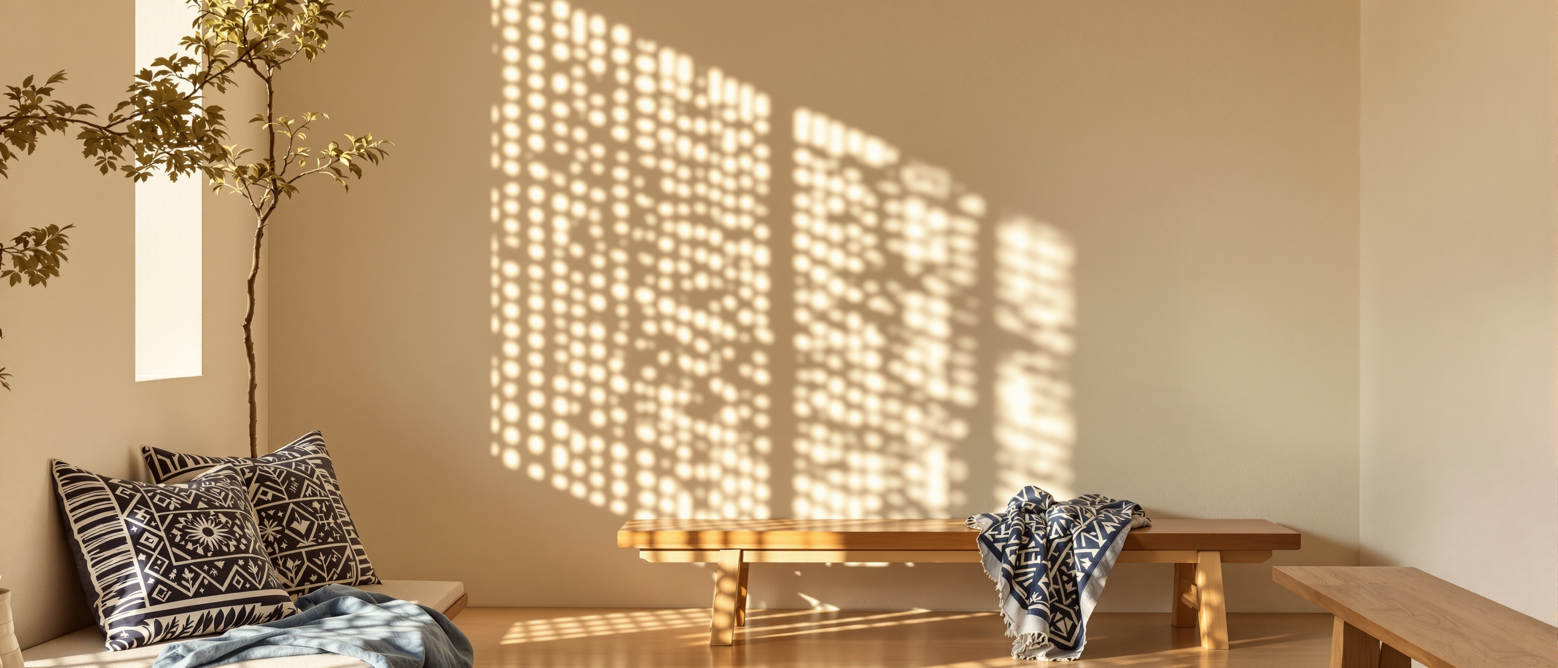 A contemporary interior where a hand-block-printed indigo textile and a carved timber jaali screen sit naturally in a calm modern room in warm daylight