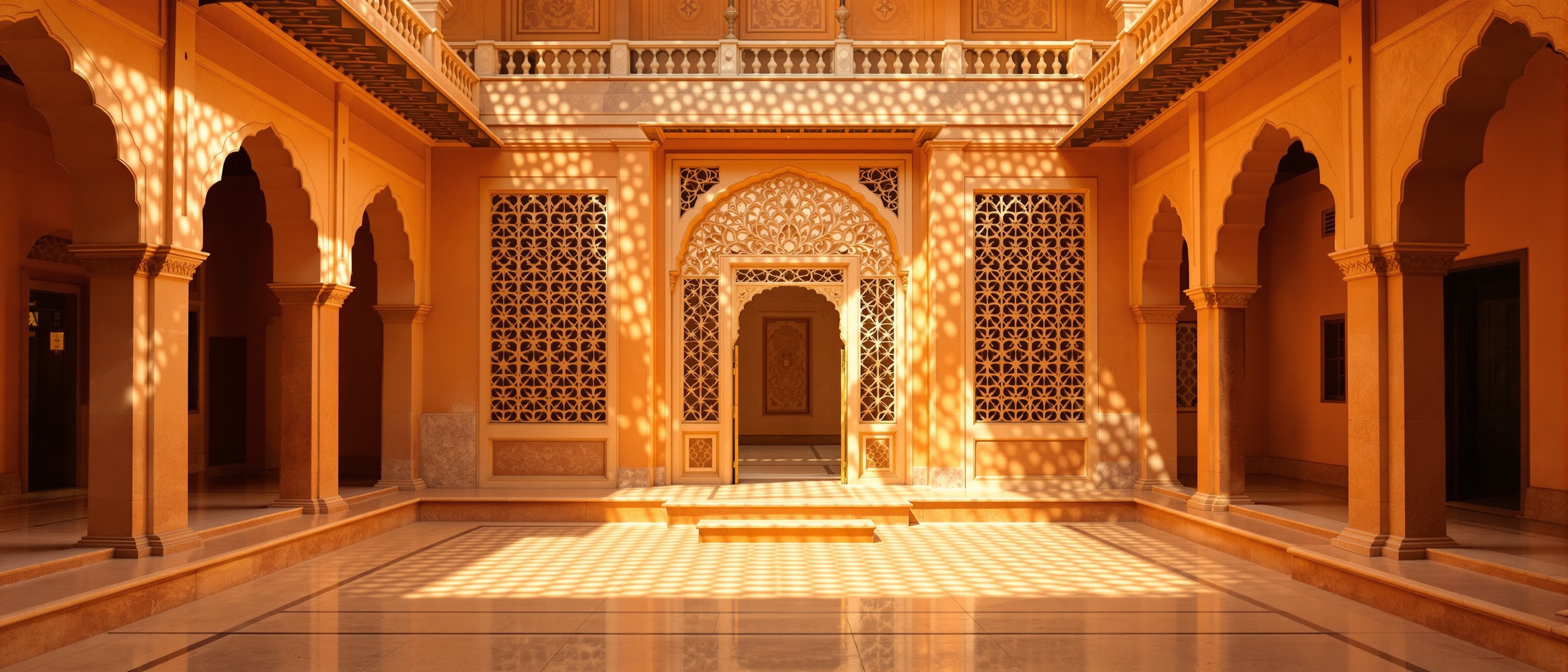 A sunlit vernacular courtyard house with a carved timber jaali screen casting soft patterned shade onto an earthen floor