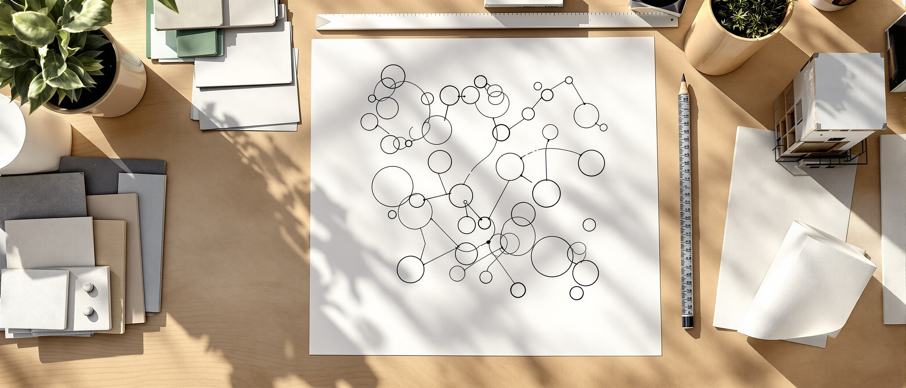 A design studio desk with loose concept sketches, a bubble diagram, a small study model and material samples spread out in warm daylight, no legible text