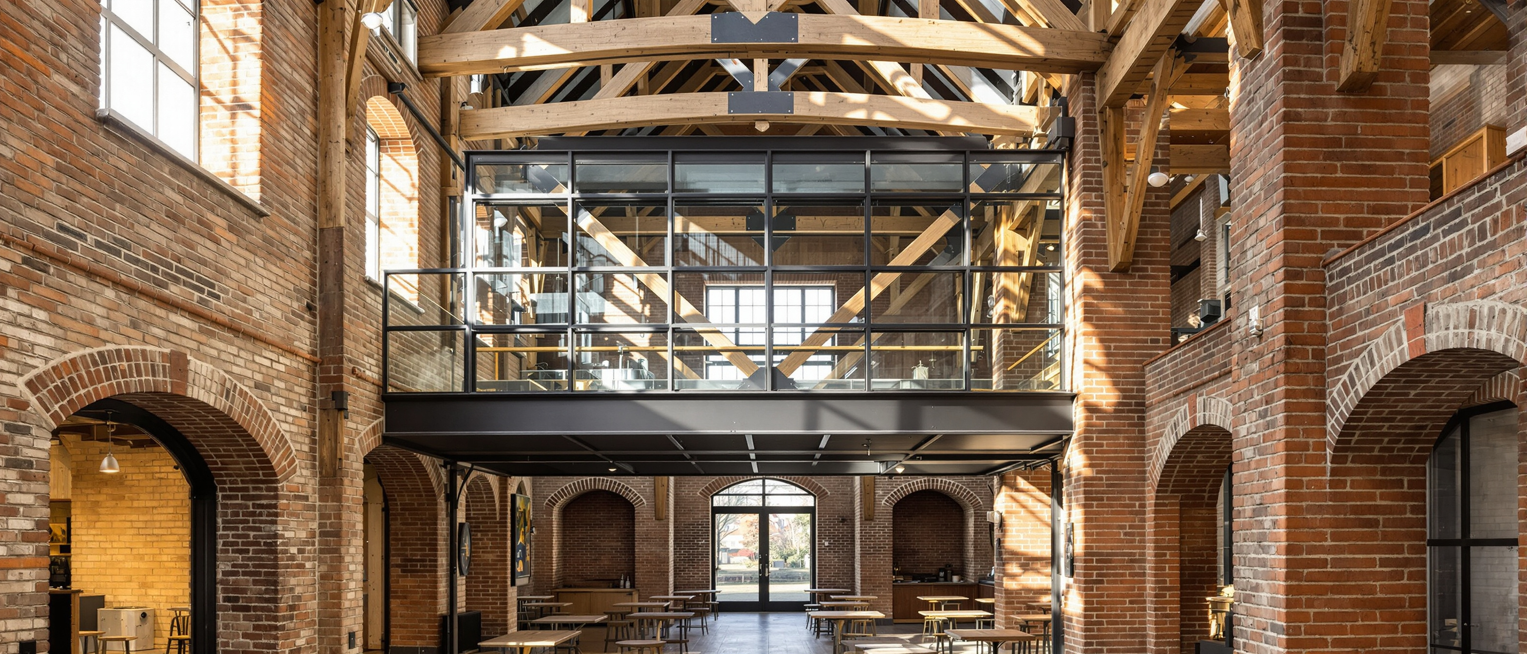 An adaptively re-used interior in an old brick and stone building with exposed original structure and a clearly modern insertion of steel and glass, warm daylight, no text