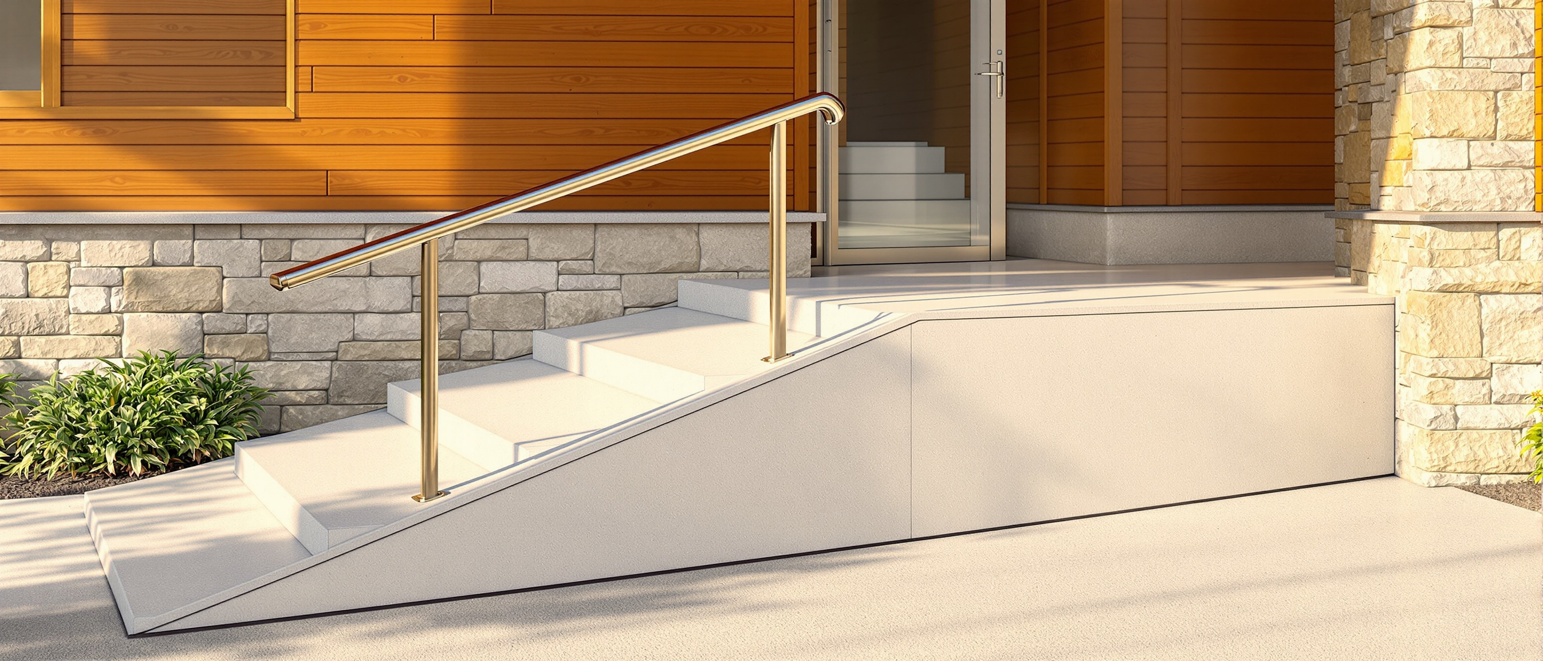 A welcoming public entrance where a gentle ramp and a level path lead to the same main doors as the steps, in warm daylight, inclusive and seamless, no text