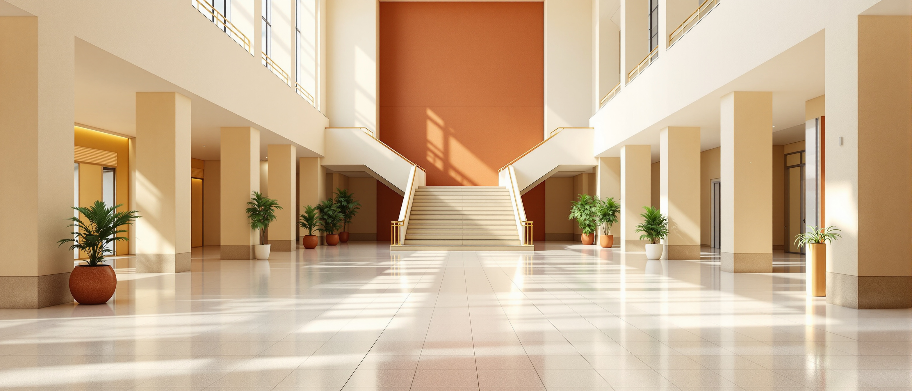 A bright legible public concourse with a clear main route, a distinctive coloured wall as a landmark and long sightlines to a stair, warm daylight, no legible text