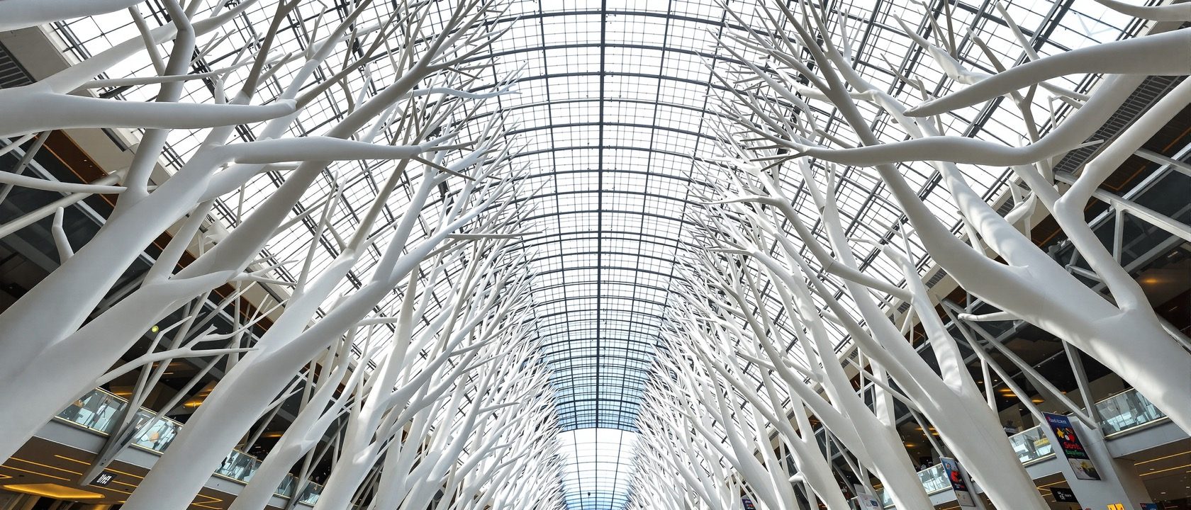 A dramatic large public interior of an airport terminal or railway concourse with a soaring roof, long sightlines and abstract flows of movement, warm daylight, no people, no legible text