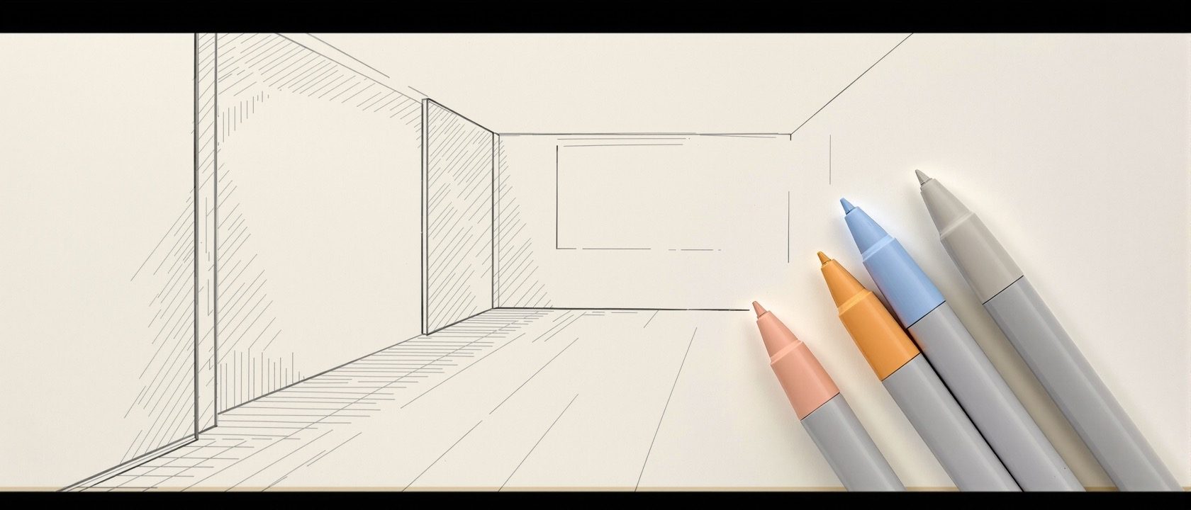A hand-drawn interior perspective sketch beside a computer-rendered view of the same space and marker pens on a studio desk, warm light, no people, no legible text