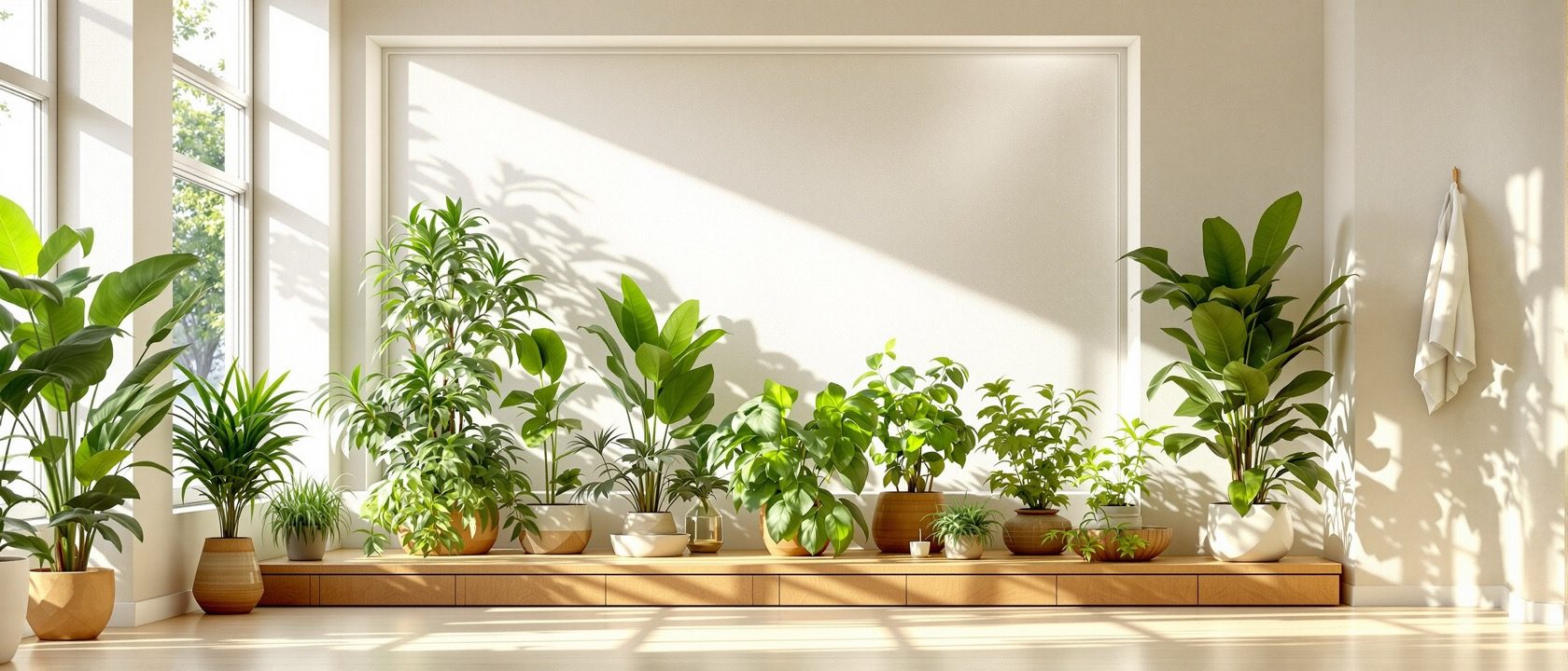 A bright, low-impact interior with abundant daylight, natural ventilation, plants and warm natural materials like wood and stone, calm and efficient, no people, no legible text
