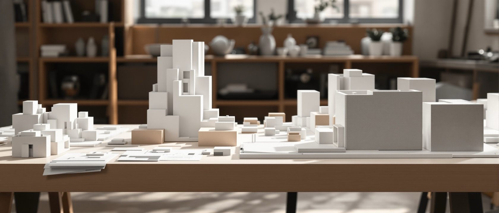 A design-development thesis table at daylight — white and cardboard massing study models at different stages, plain material and finish samples, and a resolved section drawing kept wordless, no people, no legible text, numbers or annotations anywhere