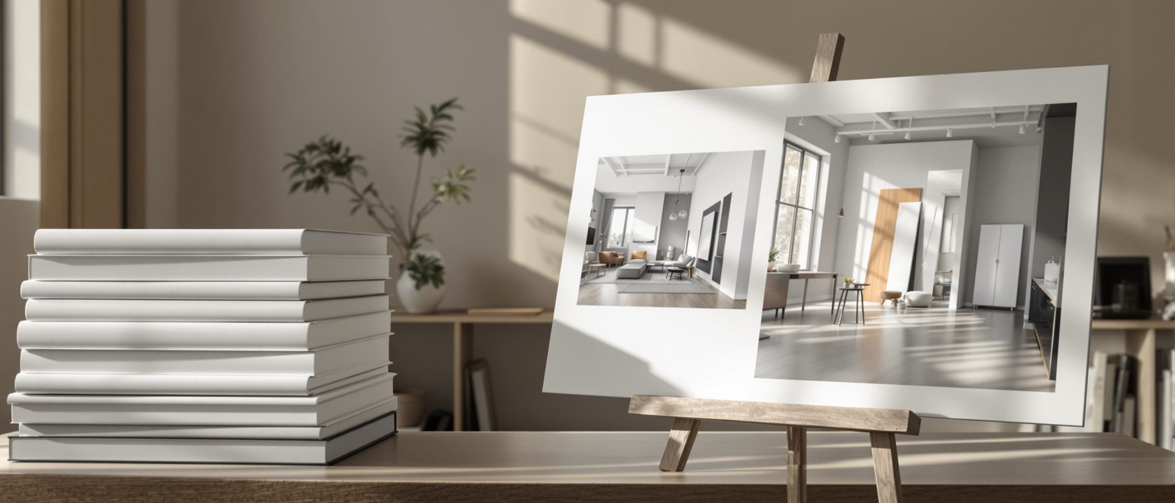 A finished interior design thesis presentation set up in a calm studio at daylight — a neat stack of bound report volumes with plain unmarked covers and mounted presentation boards showing wordless interior imagery on an easel, no people, no legible text or writing anywhere