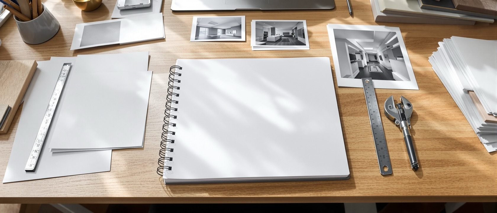 A research-in-progress thesis desk at daylight — an open blank notebook, plain printed photographs of building interiors with no captions, a measuring tape and material samples arranged for study, no people, no legible text or writing anywhere
