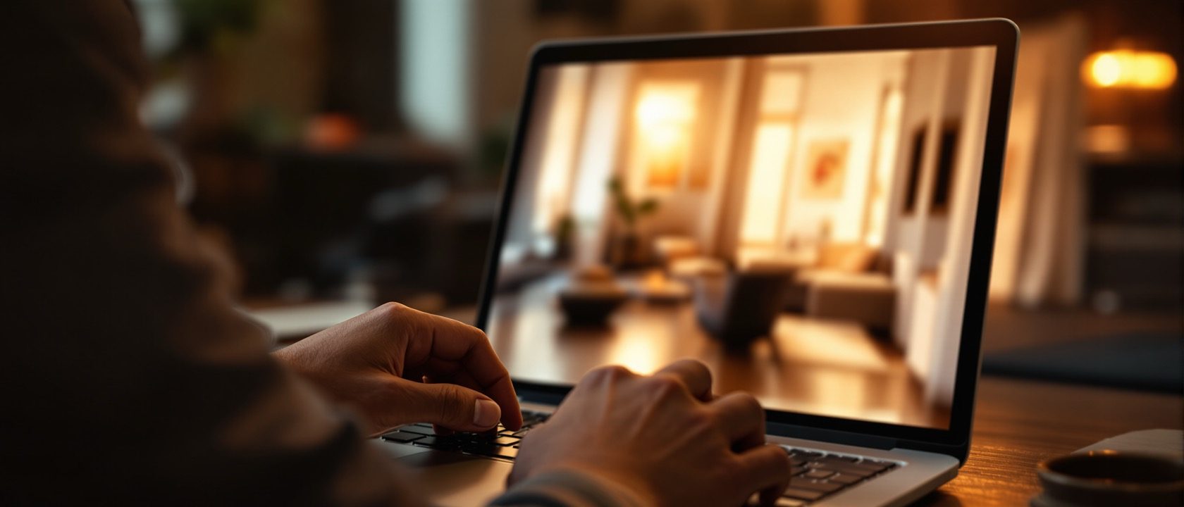 A photographer at a laptop reviewing and adjusting an interior photograph, warm studio light, a person of Indian appearance seen from behind, screen shown as an abstract glow with no legible text