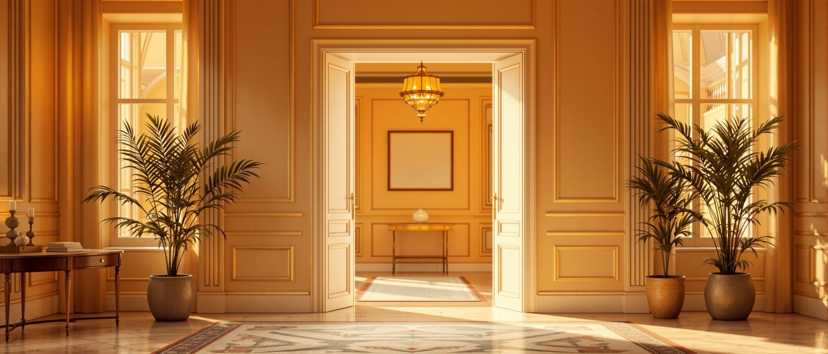 A beautifully composed and lit interior view through a doorway with strong leading lines and warm natural window light, an example of interior photography, no people, no legible text