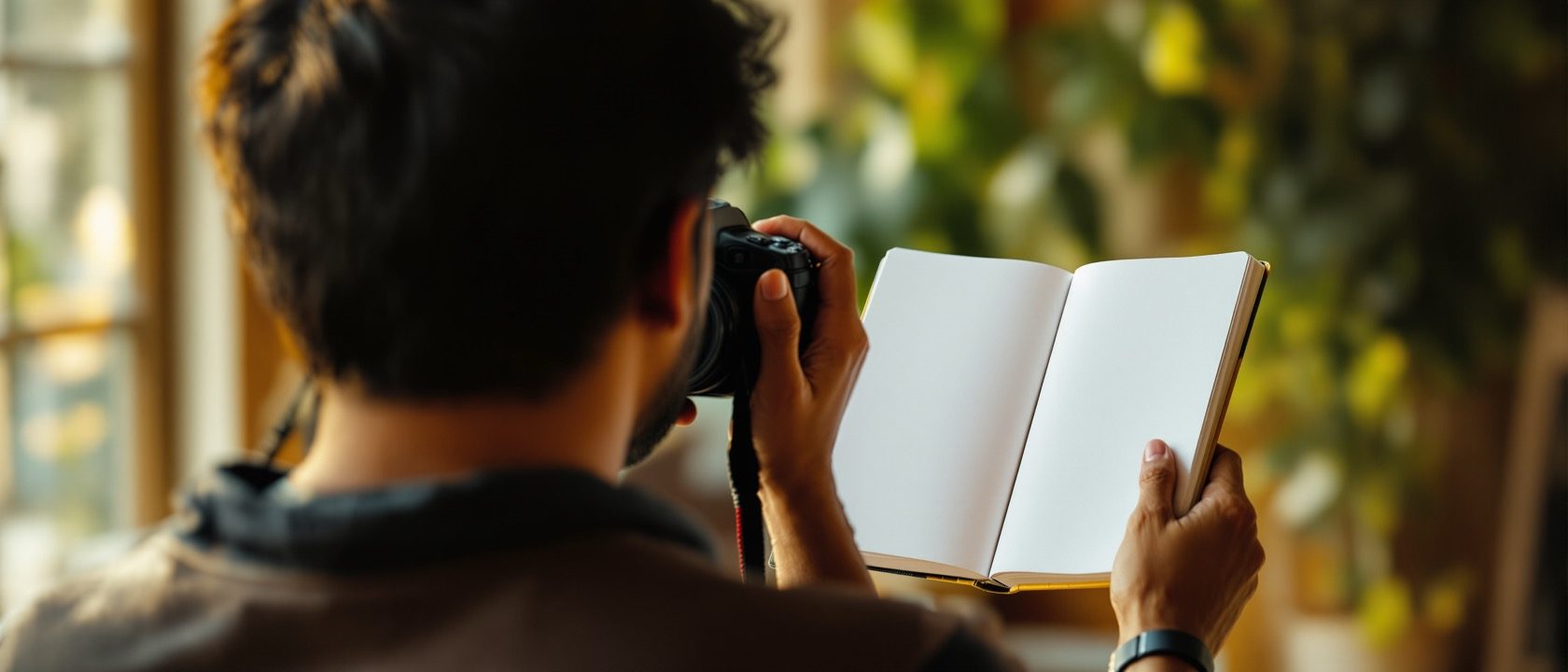 A designer with a camera and an open notebook composing a shot of a beautiful daylit interior, storytelling in words and images, warm light, a person of Indian appearance seen from behind, no legible text