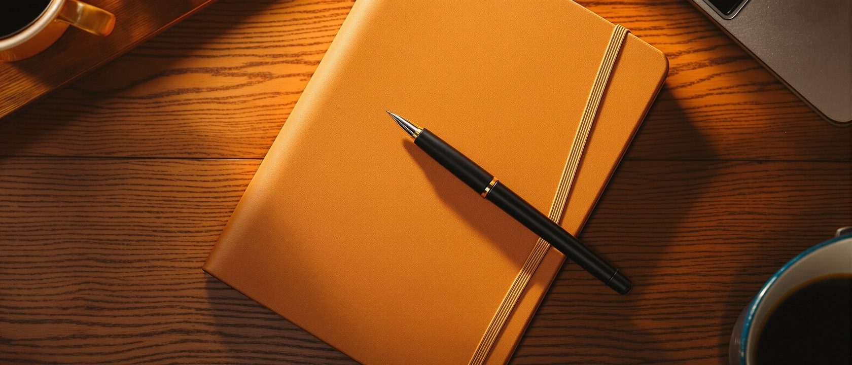 A close overhead of an open notebook with handwriting-like marks, a voice recorder and a pen on a desk beside a laptop, an abstract of reporting and writing, warm light, no legible text